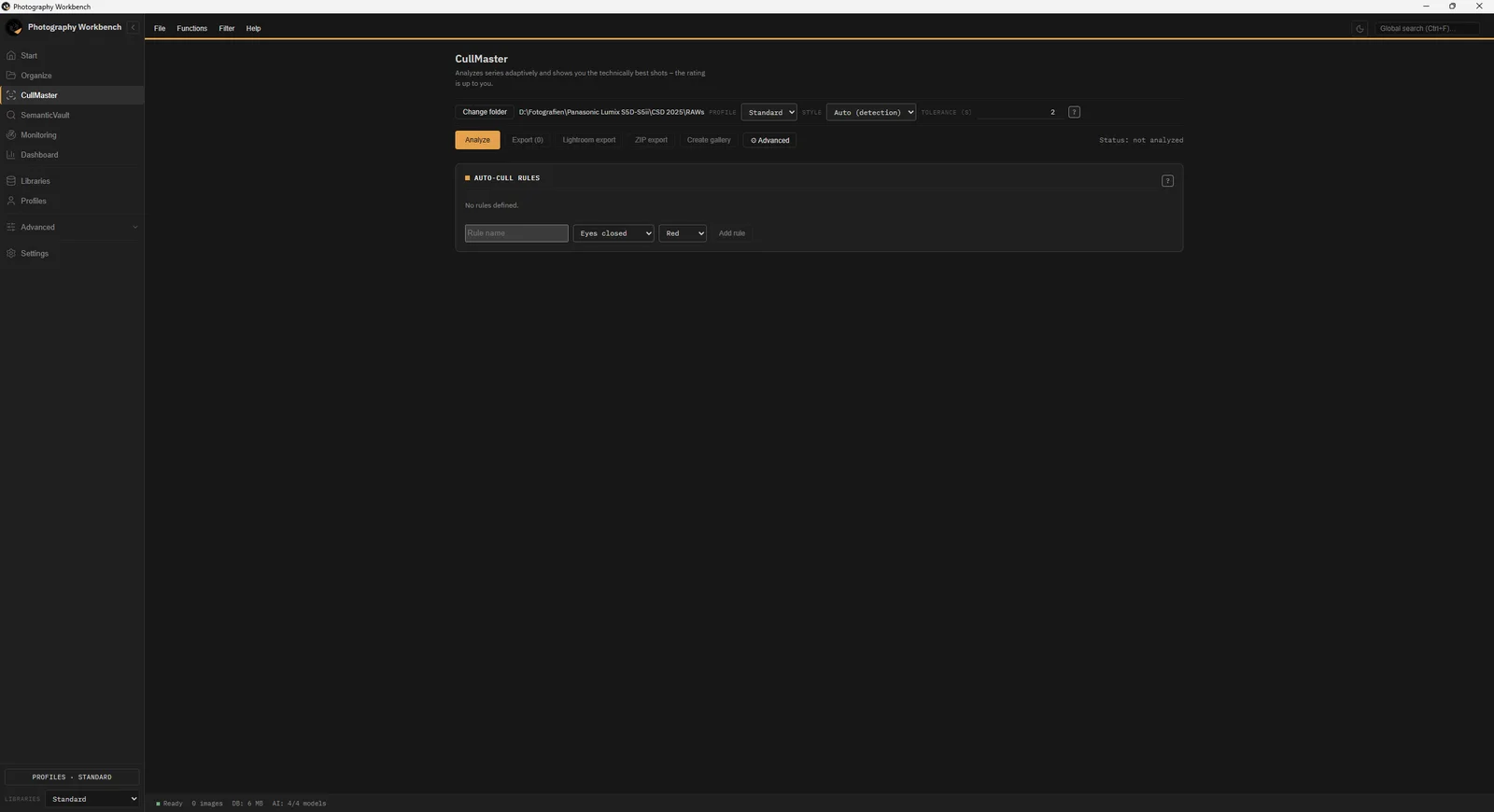 CullMaster analysis panel showing sharpness, exposure, composition and noise metrics
