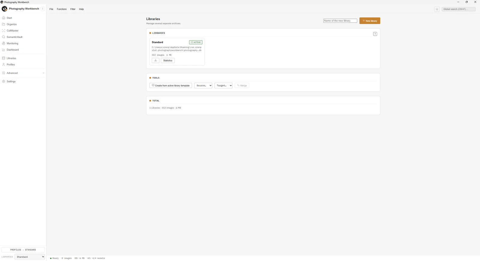 Multi-Library panel showing separate client libraries with photo counts