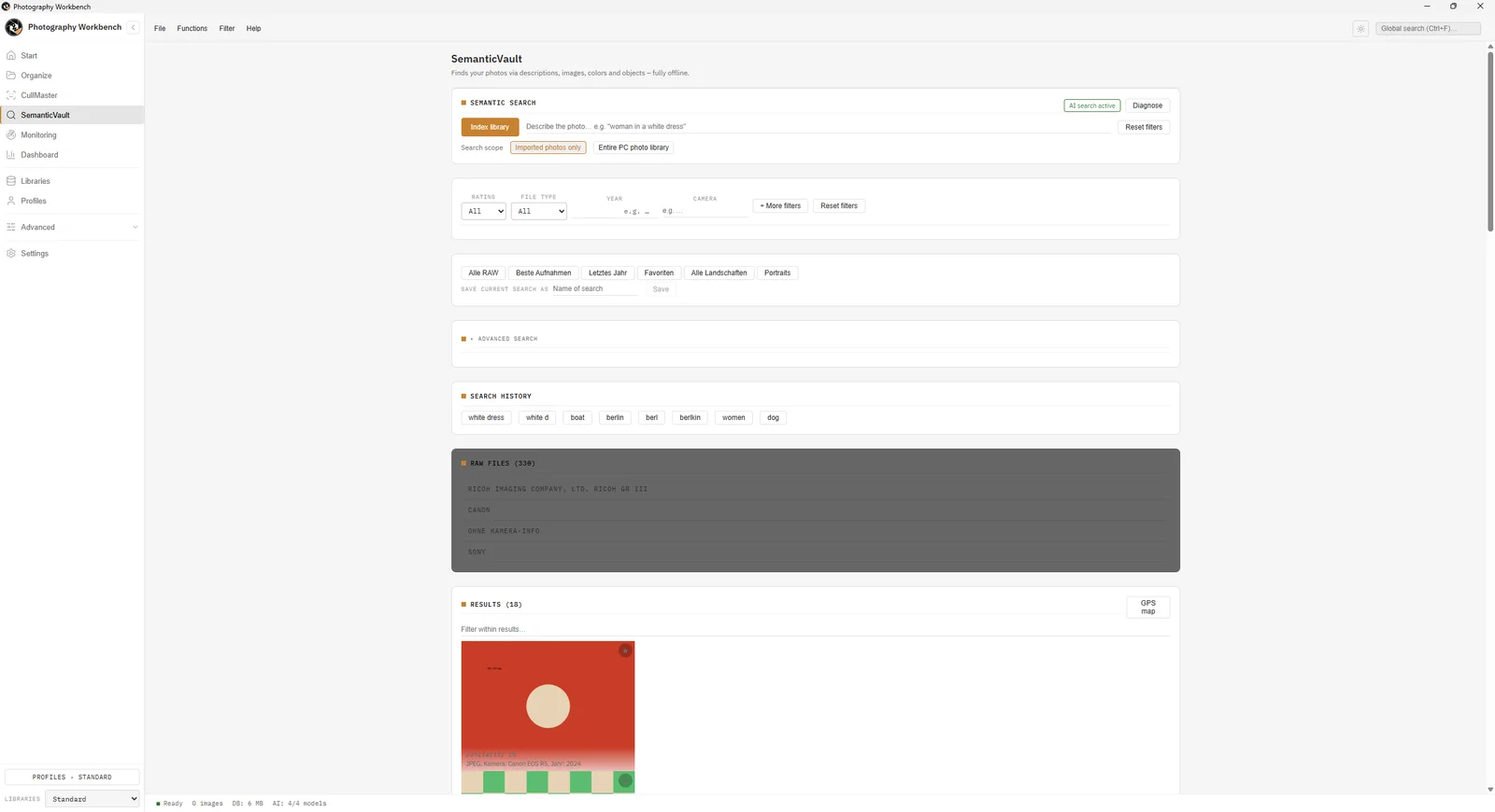 SemanticVault filter toolbar with rating, file type, year and camera filters