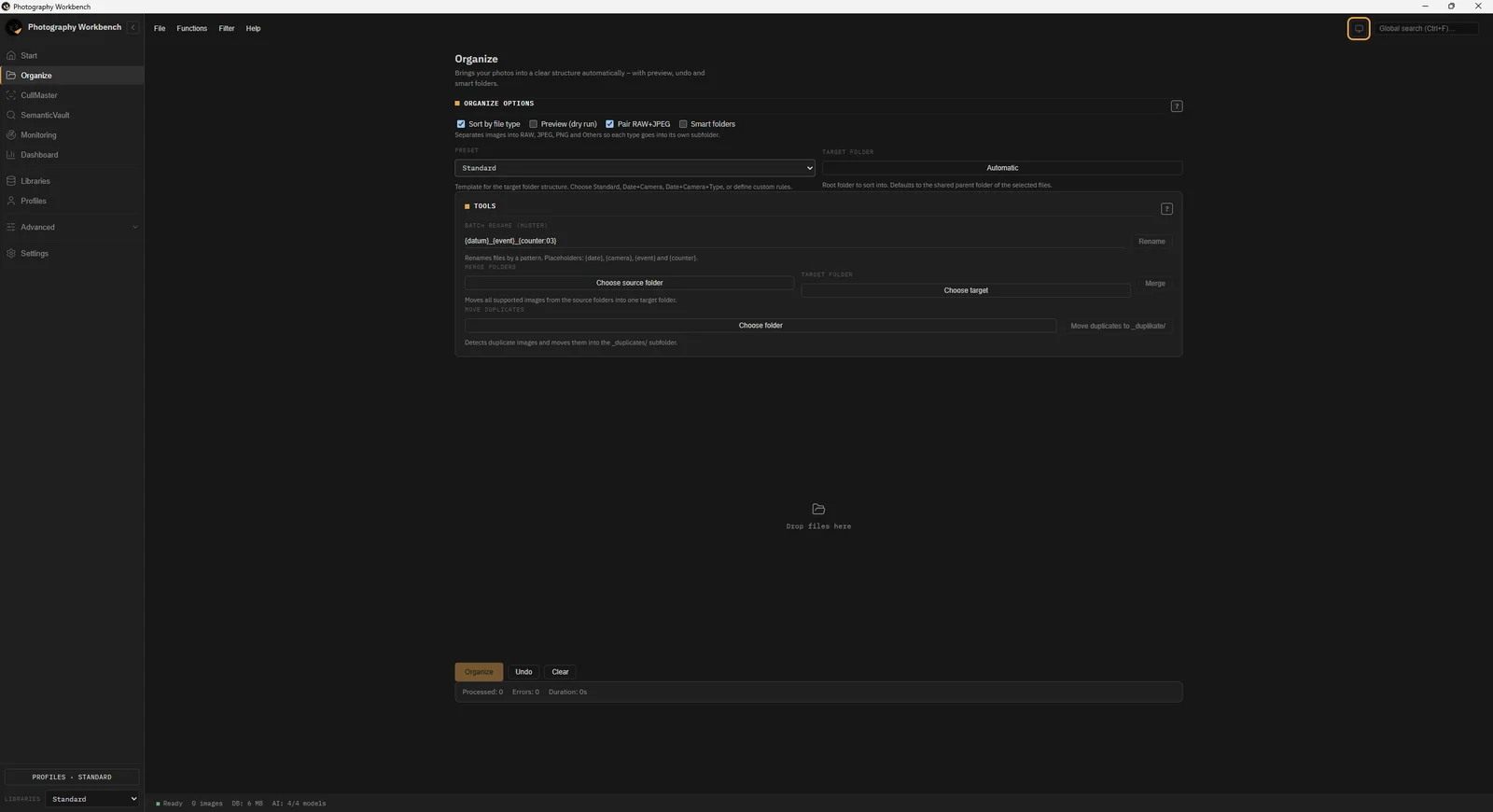 Sorter sort options panel with dry-run preview, pair detection and custom rules