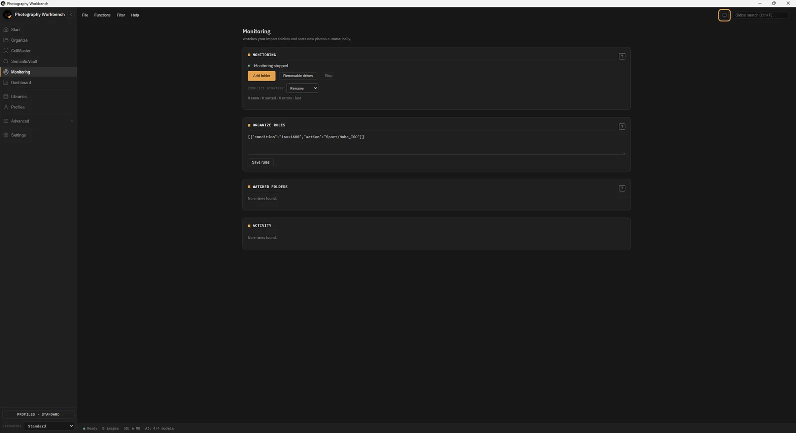 Watcher activity log showing auto-sorted files and notifications