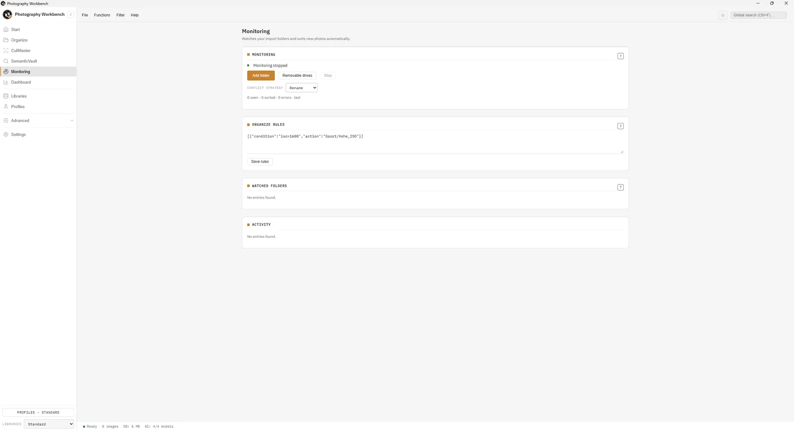 Watcher panel showing monitored folders and conflict strategy settings
